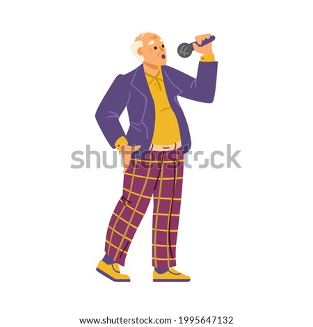 Elderly senior man singing with microphone, cartoon vector illustration isolated on white background. Man singing in karaoke bar or vocal competition.