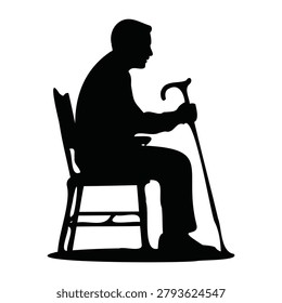 Elderly Senior Man Sitting on Chair with Walking Stick Silhouette