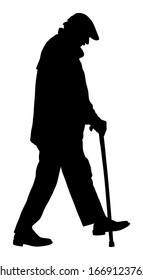 Elderly senior man walking alone with stick vector silhouette isolated on white. Old man person. Mature people active life. Grandfather outdoor in park. Health care in nursing home. Loneliness sad.