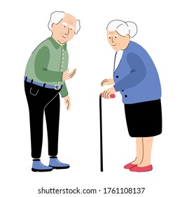 An elderly senior man and a woman isolated on white background. Full length portraits. Grandpa and  grandma a with a walking cane.  Vector illustration of an old people characters. Nice couple.