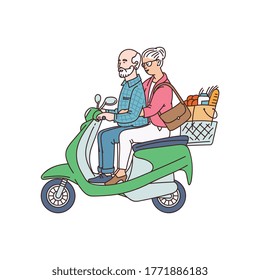 Elderly senior married couple riding motorbike or city moped for shopping, flat cartoon vector illustration in sketch style isolated on white background.