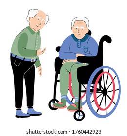 Elderly senior men isolated on white background. Vector illustration of an old people characters. Full length portraits. One man in a wheelchair. Great for design social issue posters.