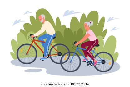 Elderly senior people cycling in park concept vector illustration. Cartoon happy old man woman cyclist characters ride bicycles, grandfather grandmother couple in sport activity isolated on white