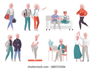 Elderly senior people daily life with shopping travel jogging dancing socializing gaming cartoon set isolated vector illustration