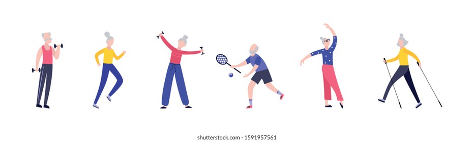 Elderly senior people diverse activity and sports, flat cartoon vector characters set illustrations isolated on white background. Active and positive old men and women.