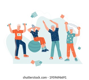 Elderly senior people doing sport exercises, flat vector illustration isolated on white background. Active seniors men and women do sport fitness workout at decorative abstract backdrop.