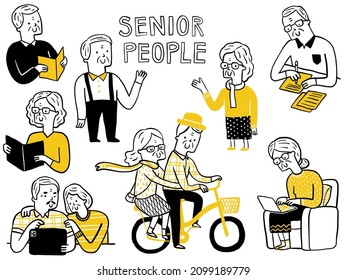 Elderly or senior people enjoy happy time with their recreation, reading, writing, using tablet, learn labtop, riding bicycle together. Cute doodle character, simple style. - Shutterstock ID 2099189779