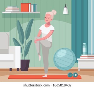 Elderly Senior People Home Activities Cartoon Composition With Old Lady Stretching Legs On Fitness Mat Vector Illustration 