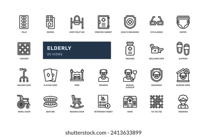 elderly senior people at nursing home fun happy detailed outline icon set