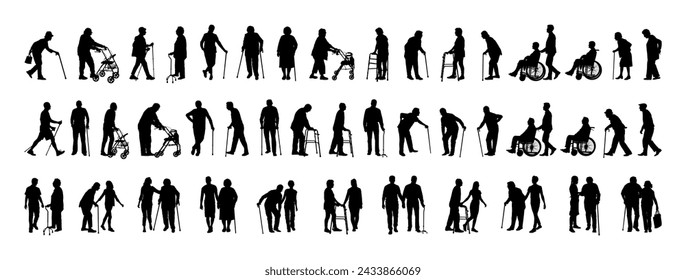 Elderly senior people with walking aid silhouette set collection. Young person helping senior person with walking aids vector silhouette set.	