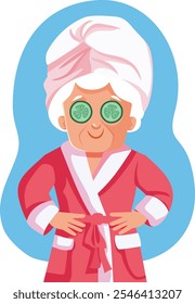 
Elderly Senior Woman with Beauty Treatment Vector Cartoon Illustration. Cheerful granny applying cosmetic rejuvenating mask 
