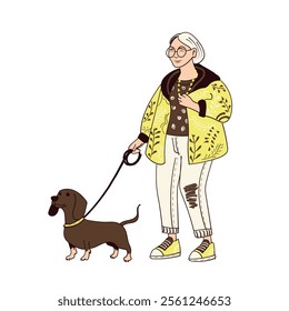 Elderly senior woman character wearing trendy modern outfit including jacket, jeans, t-shirt, glasses and sneakers walking with a dachshund dog on a leash. 