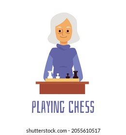 Elderly senior woman playing chess, flat vector illustration isolated on white background. Prevention of neurological diseases, and aging problems, keeping healthy mind.