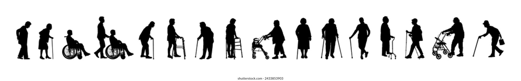 Elderly senior women with walking aid silhouette set collection. Set of old lady use walking aid equipments flat vector silhouette.	