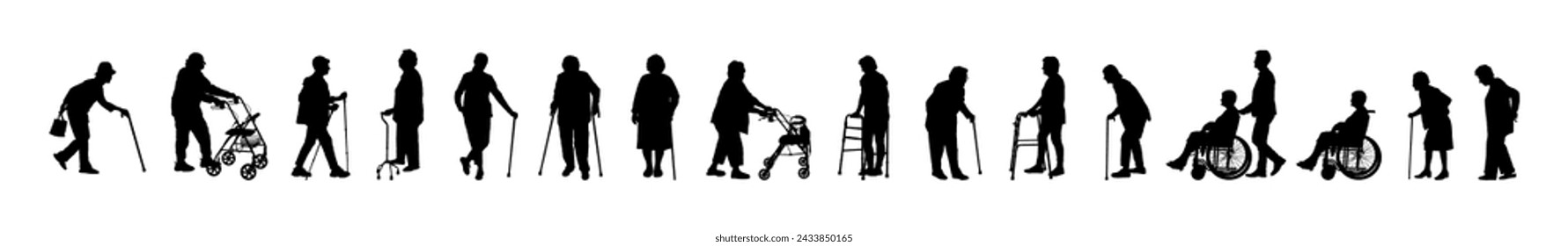 Elderly senior women with walking aids silhouette set collection. Set of old lady use walking aid flat vector silhouette.