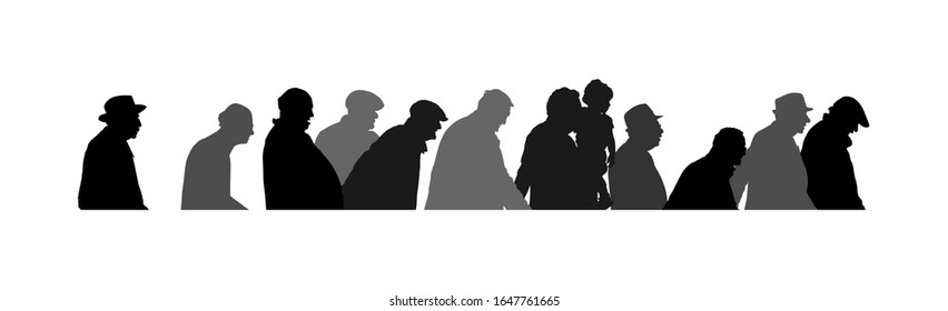 Elderly seniors walking crowd vector silhouette isolated on white. Mature old people active life. Grandfather veterans company. Health care in nursing home. Senior meeting.
