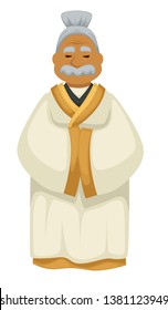 Elderly sensei Japanese old man in kimono with mustache vector isolated male character in robe with hair bunch travel to Japan tourism and culture attraction and sightseeing nationality wisdom