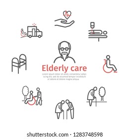 Elderly services banner. Line icons set. Care Help and Accessibility. Disabled People. Vector illustration.