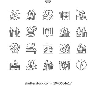 Elderly Services. Support. Assistance With Disability. Pensioner, Aged, Clinic And Disabled. Health Care, Medical And Medicine. Pixel Perfect Vector Thin Line Icons. Simple Minimal Pictogram
