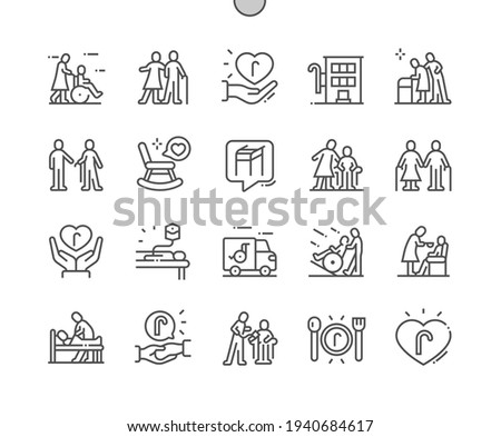 Elderly services. Support. Assistance with disability. Pensioner, aged, clinic and disabled. Health care, medical and medicine. Pixel Perfect Vector Thin Line Icons. Simple Minimal Pictogram