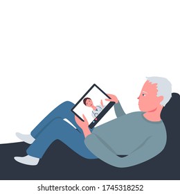 An elderly sick man is lying and talking through a gadget with a doctor in medical uniform. Doctor and patient, online consultation. vector, cartoon illustration.