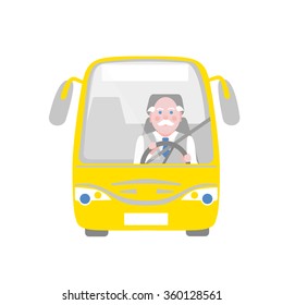 Elderly silver-haired moustached driver in the yellow bus