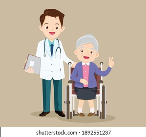 Elderly sit on a wheelchair with doctor take care.disabled person in the wheelchair and doctors. Careful caregiver taking care of the patient