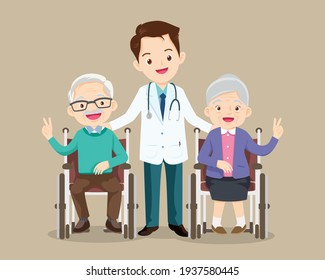 Elderly sit on a wheelchair with doctor take care.disabled person in the wheelchair and doctors. Careful caregiver taking care of the patient.Doctor and grandfather grandmother 