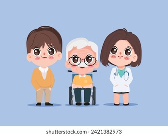 Elderly sit on a wheelchair with doctor take care.disabled person in the wheelchair and doctors. Careful caregiver taking care of the patient.Doctor and grandfather