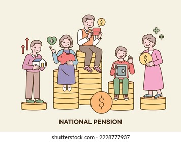 The elderly are sitting on the stacked coins with a smile. They are holding objects that symbolize wealth in their hands. outline simple vector illustration.