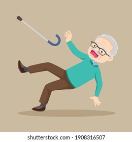 Elderly slip and falling on the wet floor. Elderly Man have accident tripping. Clumsy Grandfather