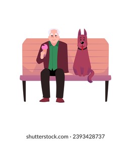 El hombre sonriente anciano se sienta con su perro en un banco del parque y come helado rosa. Feliz personaje masculino al estilo de las caricaturas, escena de la vida. Ilustración vectorial colorida aislada en fondo blanco.