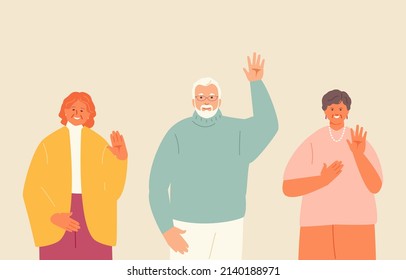 Elderly smiling men and women with hello gestures. Welcome greeting people vector illustration