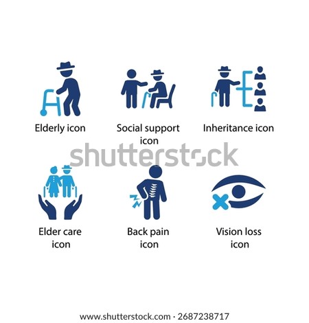 Elderly, Social support, Inheritance, Elder care, Back pain, Vision loss, Blue Icon Set