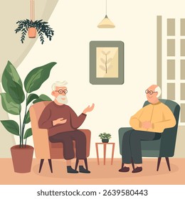 Elderly society concept. A group of elderly people are happily doing activities and talking. flat cartoon image