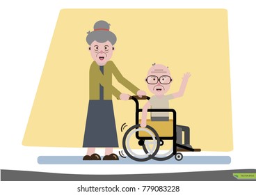 Elderly society and his way of life meet the doctor in a wheelchair.