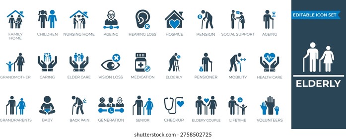 Elderly solid icon set. featuring icons of various old, caregiver, health care,, senior, Pensioner, grandparents, and more. Perfect vector icon collection.