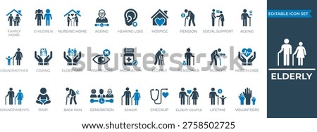 Elderly solid icon set. featuring icons of various old, caregiver, health care,, senior, Pensioner, grandparents, and more. Perfect vector icon collection.