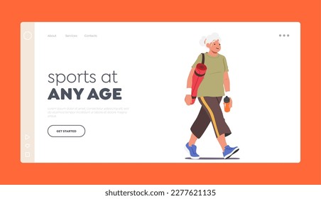 Elderly in Sport Landing Page Template. Senior Female Character With Yoga Mat Walking to Gym. Old Woman Lead A Healthy Lifestyle, Fitness, Yoga And Wellness Program. Cartoon People Vector Illustration