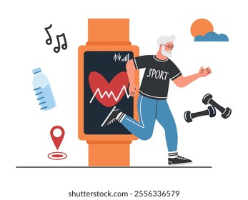 Elderly sportsman uses smart watch for counting steps. Fitness tracker with mobile phone app - step counter, pedometer, activity heart rate monitoring. Grandfather jogger. Modern wireless technology.