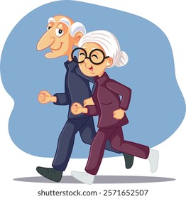 
Elderly Sporty Couple Running Together Vector Illustration Cartoon. Cheerful senior mature husband and wife jogging 
