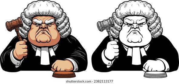 elderly stern judge in a white wig with a wooden gavel in his hand