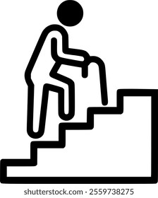 elderly stick figure with cane climbing staircase sign, symbol, vector, art