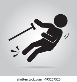 Elderly with stick and slip injury, person injury symbol illustration