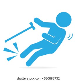 Elderly with stick and slip injury, person injury symbol illustration