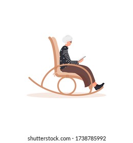 An elderly stylish woman is sitting in a rocking chair and reading a book isolated on a white background. Cartoon granny is resting in a comfortable in rocker and enjoying reading. Vector illustration