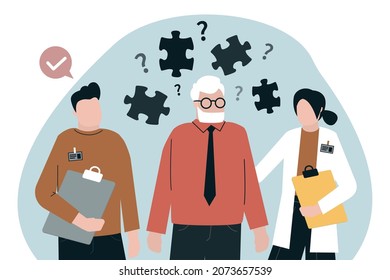 Elderly suffering from alzheimer disease. Alzheimer and dementia concept. Grandfather suffering from brain disease, memory loss. Neurology therapy and mental illness risk in old. Vector illustration