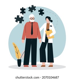 Elderly suffering from alzheimer disease. Alzheimer patients concept. Grandfather suffering from brain disease, memory loss. Neurology therapy and mental illness risk topics. Flat vector illustration