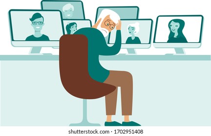 Elderly teacher is being frustrated by modern online education technology. Concept for Homeschooling during coronavirus quarantine. Flat vector illustration