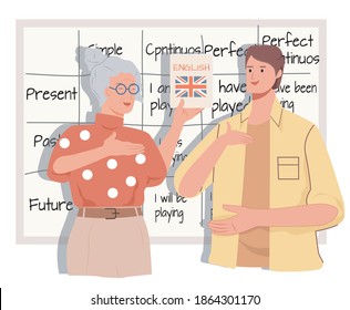 elderly teacher with book in hand teaches student guy at blackboard, english lesson, flat vector illustration